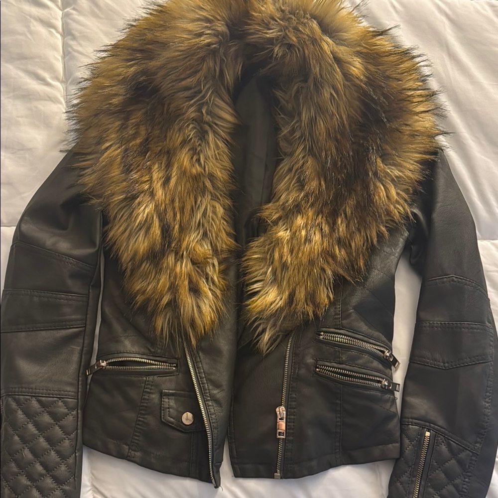 Faux Fur Collar Black Leather Jacket